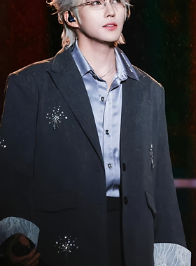 李耕云明星同款灰色烟花烫钻西装高级感韩版休闲百搭廓形气质西服