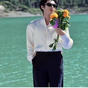 禁欲系缎面百搭休闲长袖 男韩版 衬衣潮 立领设计感白色衬衫 明星同款