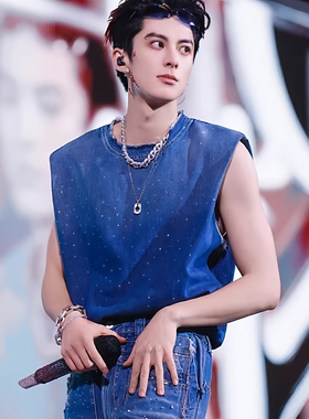 明星同款夏季洗水牛仔烫钻背心男女毛边设计感休闲痞帅坎肩马甲潮