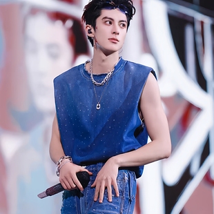 明星同款 洗水牛仔烫钻背心男女毛边设计感休闲痞帅坎肩马甲潮 夏季