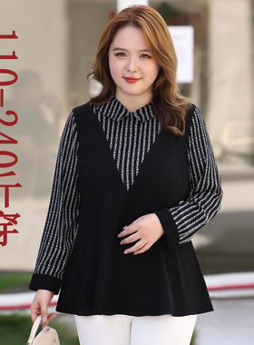 加肥大码女装秋季新款胖妈妈mm200斤韩版显瘦拼接气质长袖雪纺衫