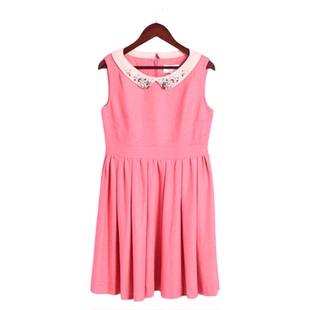 百褶气质洋红毛呢连衣裙 R系列142040清仓秋冬女翻领无袖 徐08