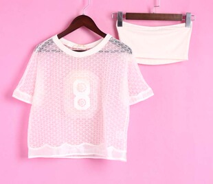 套头圆领短袖 T系列146TT101库存夏女式 上衣抹胸套装 徐08