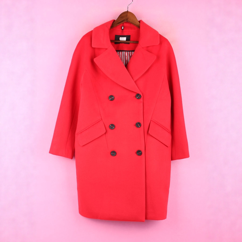 【徐10】21DMN627秋冬季女大衣翻领茧型宽松双排扣大红毛呢外套