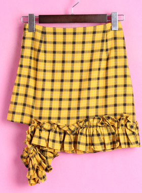 【徐07】香蕉系列124XJBB096上新女夏季纯棉不对称荷叶边格子半裙