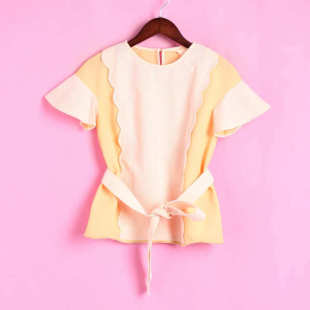 波浪系带雪纺衫 T系列146TT023库存清仓夏女圆领短袖 上衣 徐08