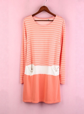 【徐08】100SYMM054上新库存剪标女春秋圆领长袖条纹孕妇连衣裙