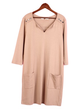 【徐08】104SYMM011剪标女春秋长袖卡其色孕妇装有弹性V领连衣裙