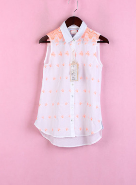 【徐08】坚系列80JCWD191女夏休闲翻领白底印花无袖衬衫上衣