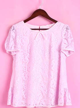 【徐08】R系列142164清仓上新女夏套头短袖粉色蕾丝衫上衣