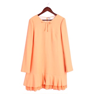 橘色蕾丝边连衣裙 R系列142073库存清仓春秋女圆领长袖 徐08