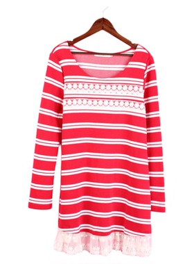 【徐08】104SYMM074剪标女春秋圆领蕾丝花边孕妇T恤横条纹连衣裙