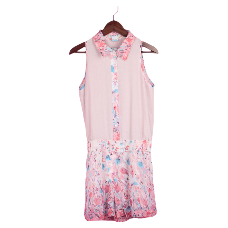 [徐]77SYH596库存女夏季翻领无袖拼接印花混色雪纺衫连体裤连衣裤