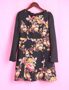 黑色印花连衣裙 R系列142051库存清仓春秋女圆领长袖 徐08