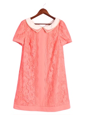 【徐08】R系列142084库存清仓女夏季套头圆领短袖橙色蕾丝连衣裙