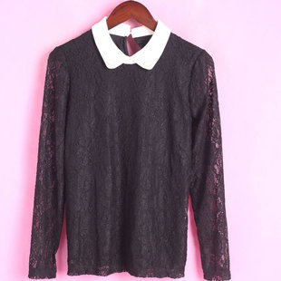 徐08 雪纺蕾丝衫 148725春夏女式 黑色修身 上衣 套头翻领长袖