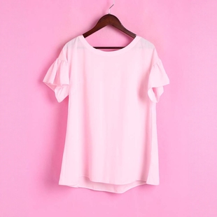粉红色雪纺衫 R系列142161清仓上新女夏套头圆领短袖 上衣 徐08