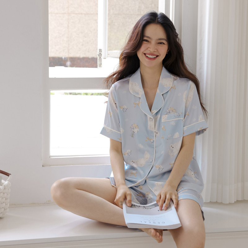 睡衣女夏季新款凉感冰丝短袖短裤时尚甜美印花女士薄款家居服套装