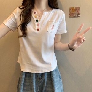 夏季 v领上衣 正肩短袖 t恤女设计感小众微胖mm显瘦洋气别致独特短款