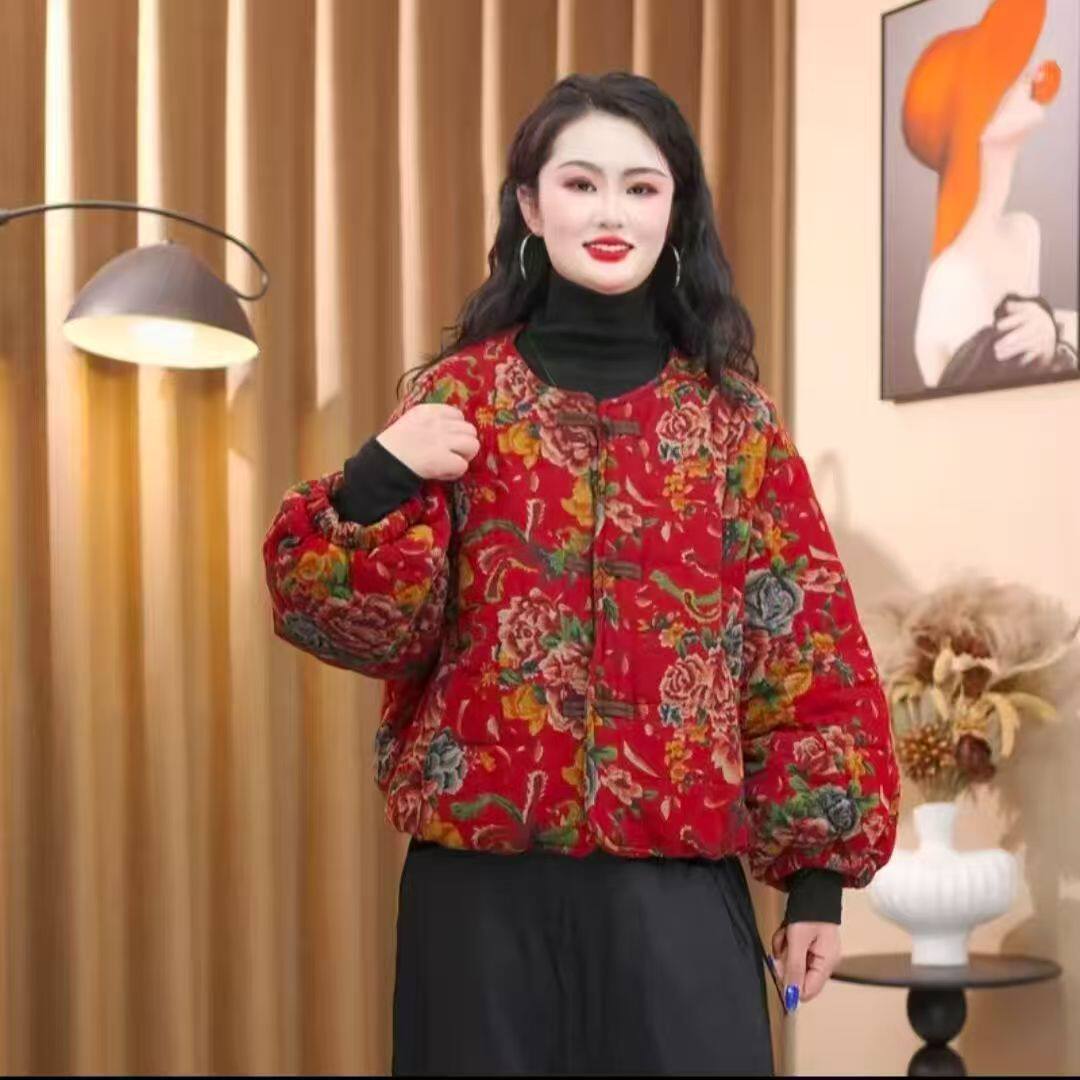 民族风盘扣宽松短款棉服女大码