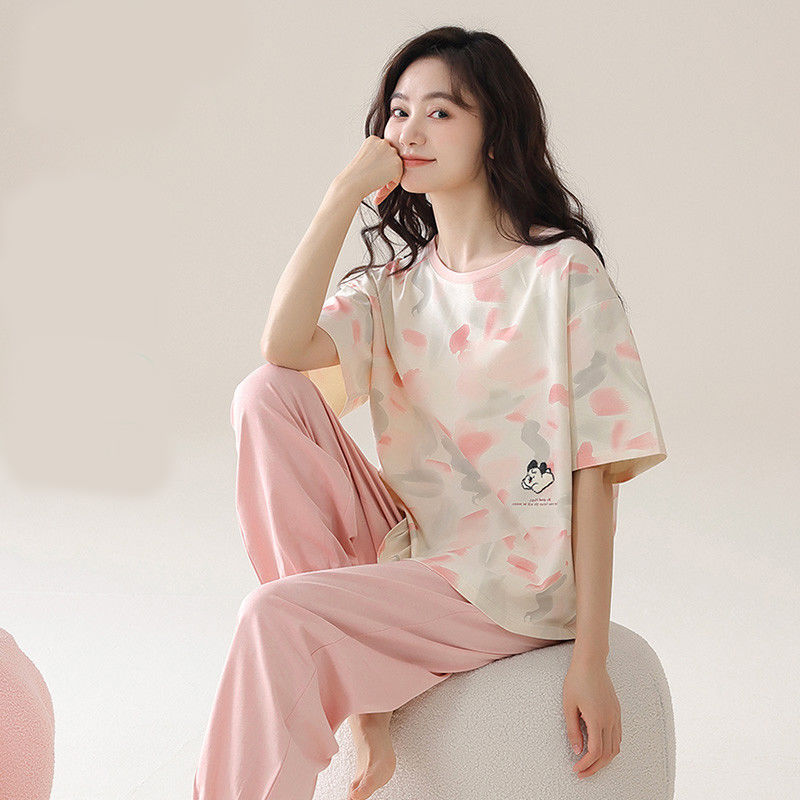 新款100%全棉睡衣女夏季纯棉短袖七分裤公主风可爱春秋家居服套装