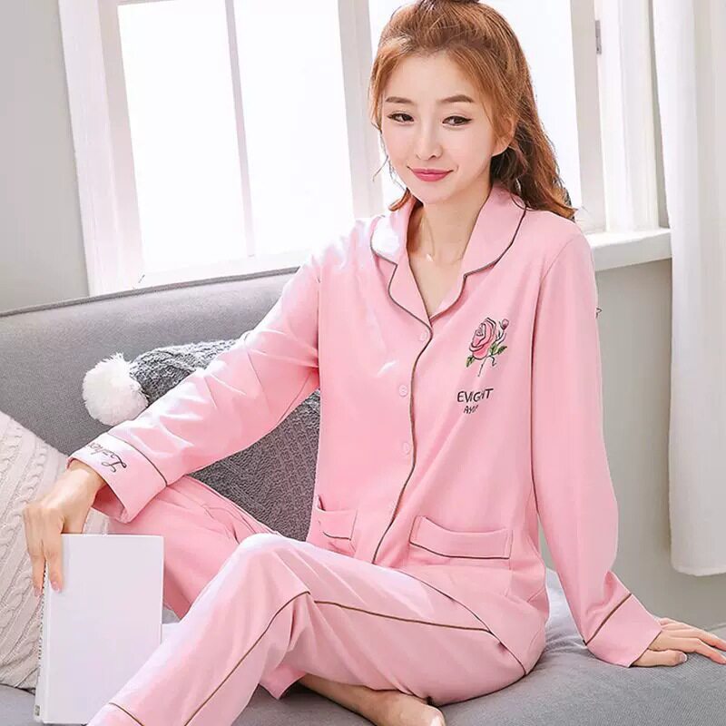 睡衣女士100%纯棉长袖春夏季薄款可爱女装家居服全棉大码产后月子