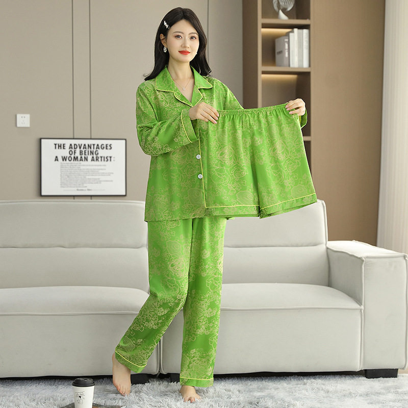 睡衣女夏长袖三件套缎面提花冰雪丝薄款可外穿家居服代发提花图案
