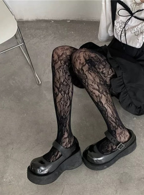 黑色丝袜镂空玫瑰花纯欲风印花连裤袜个性渔网袜百搭美少女连裤袜