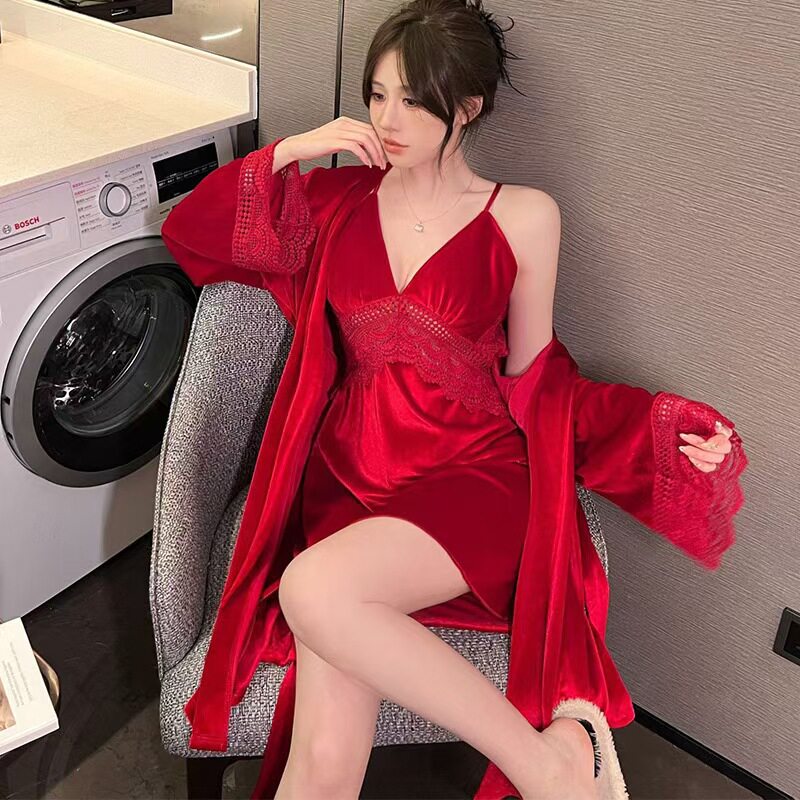 金丝绒性感睡衣女秋冬款长袖性感领带胸垫吊带睡裙袍两件套家居服