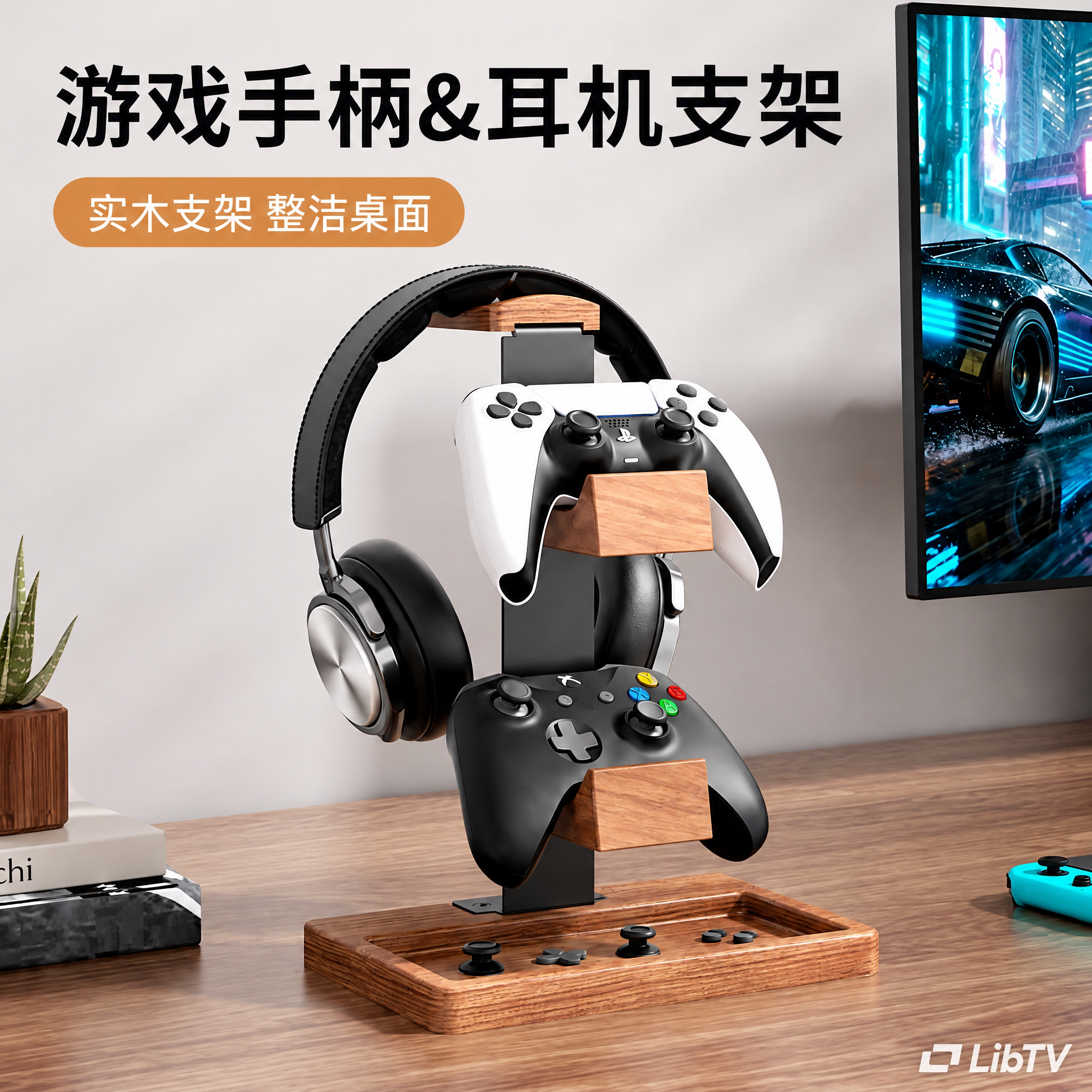 轻奢高端实木游戏耳机手柄收纳架