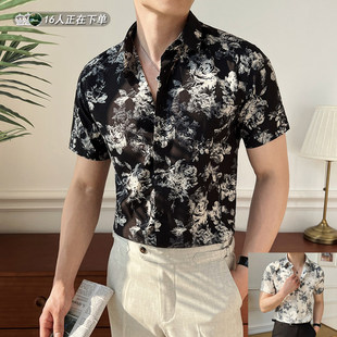 男短袖 潮流修身 夏季 时尚 高级感商务休闲度假衬衣 薄款 绅士风花衬衫