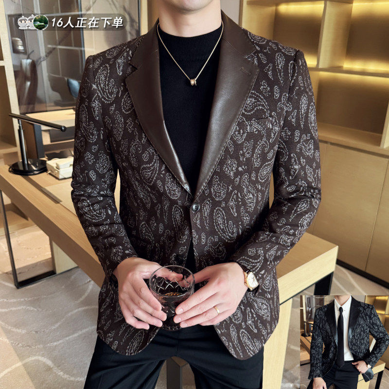 高级感痞帅男士西装外套2026新款春季休闲花西服男款拼接单西上衣