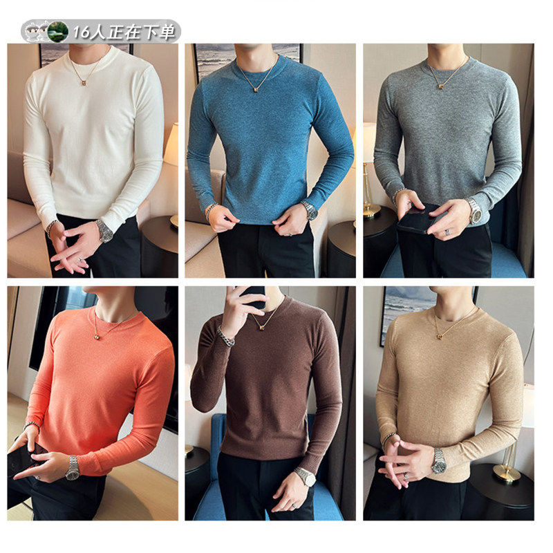 秋冬季圆领毛衣男修身内衣加厚打底衫时尚休闲加绒保暖针织衫上衣