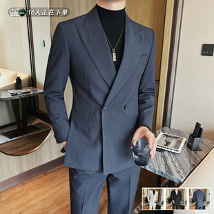 网红前开衩双排扣西装男修身高级感灰色休闲西服外套潮流痞帅一套