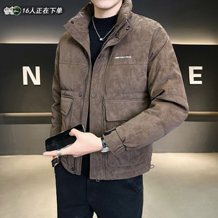 麂皮绒立领羽绒服外套男款冬季潮牌美式复古加厚保暖冬天痞帅男装