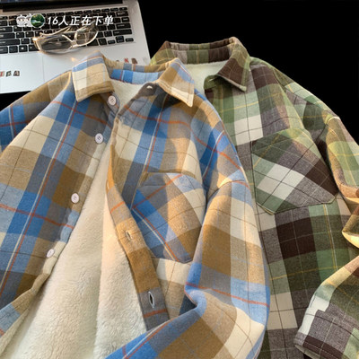 加绒衬衫男秋冬季保暖格子长袖衬