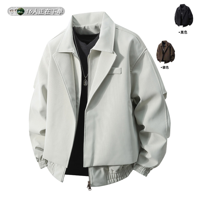 肌理感格纹拼接米白色飞行夹克男秋季潮牌假两件短宽翻领工装外套