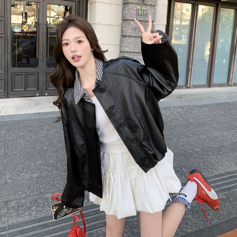 2026新款现货韩版宽松格子假两件皮衣外套1535216P165K268,女装皮衣,艾青服饰