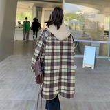 森系针织连帽格子毛呢外套女2023冬季新款韩版高级感撞色呢子大衣，女装毛呢外套，艾青服饰