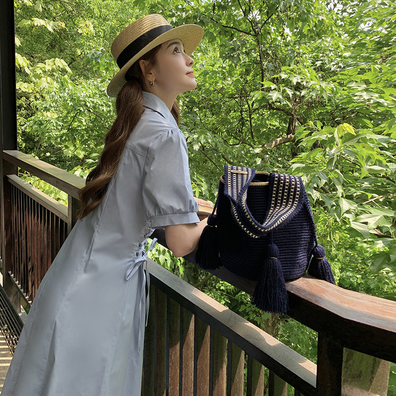 气质荡领连衣裙复古高腰挂脖式夏季韩版百搭单排扣收腰长裙显瘦图片