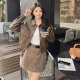 新款现货做旧复古色机车风皮衣外套2401P130控198，女装皮衣，艾青服饰