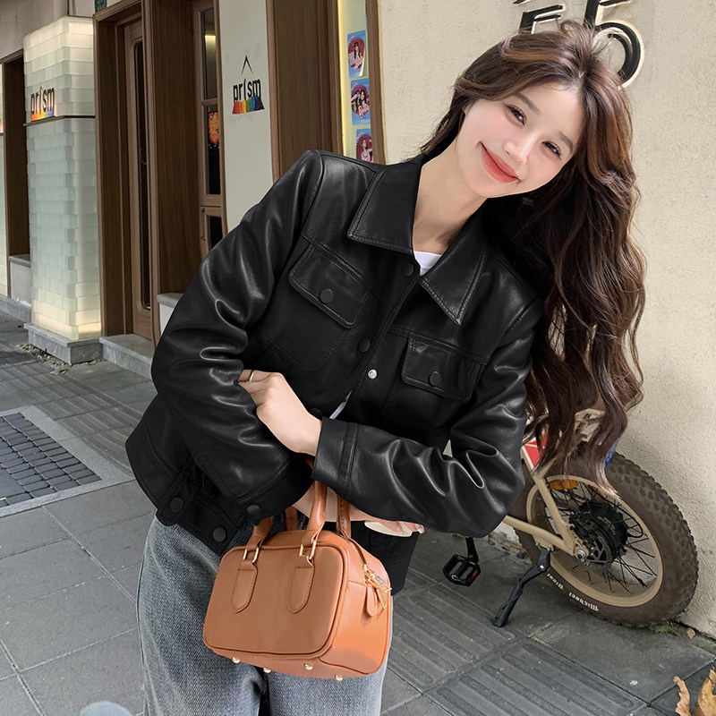 棕色美拉德皮衣外套女春秋2025新款今年流行休闲短pu皮机车夹克,女装皮衣,艾青服饰