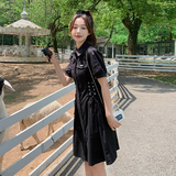 气质荡领连衣裙复古高腰挂脖式夏季韩版百搭单排扣收腰长裙显瘦，女装连衣裙，艾青服饰