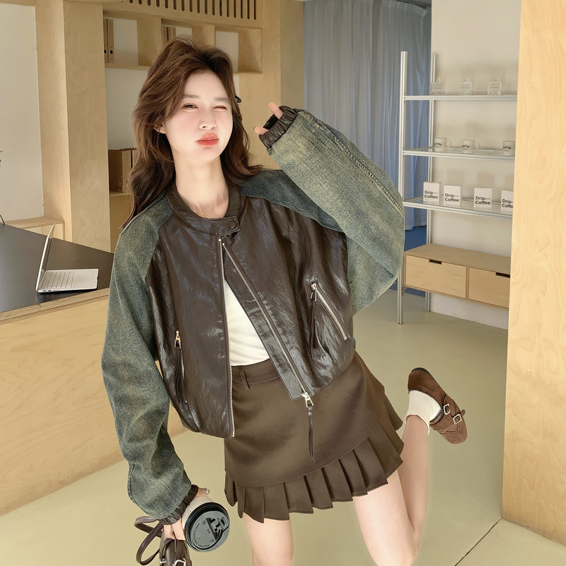 2026新款现货韩版牛仔拼接宽松皮衣外套1535212P170K278，女装皮衣，艾青服饰