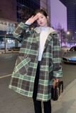 现货春秋冬季韩版针织连帽中长款格子呢大衣女290258P185控268，女装毛呢外套，艾青服饰