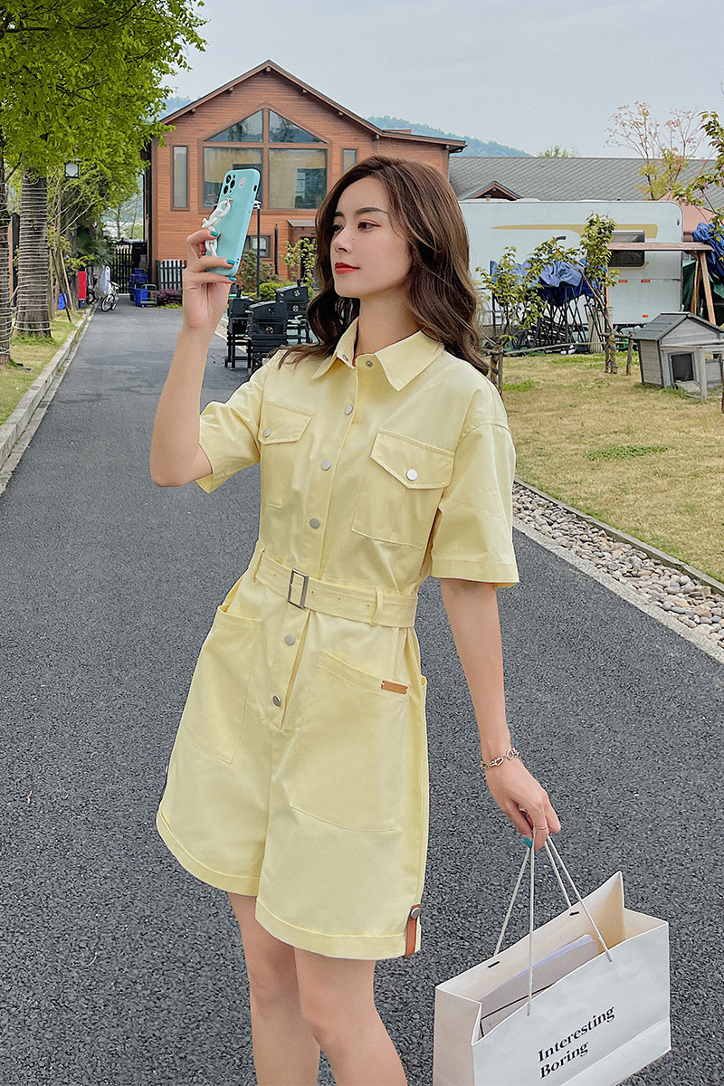现货21新款夏时尚短袖连身裤纯色工装连体衣短裤487144P85控138,女装休闲裤,艾青服饰