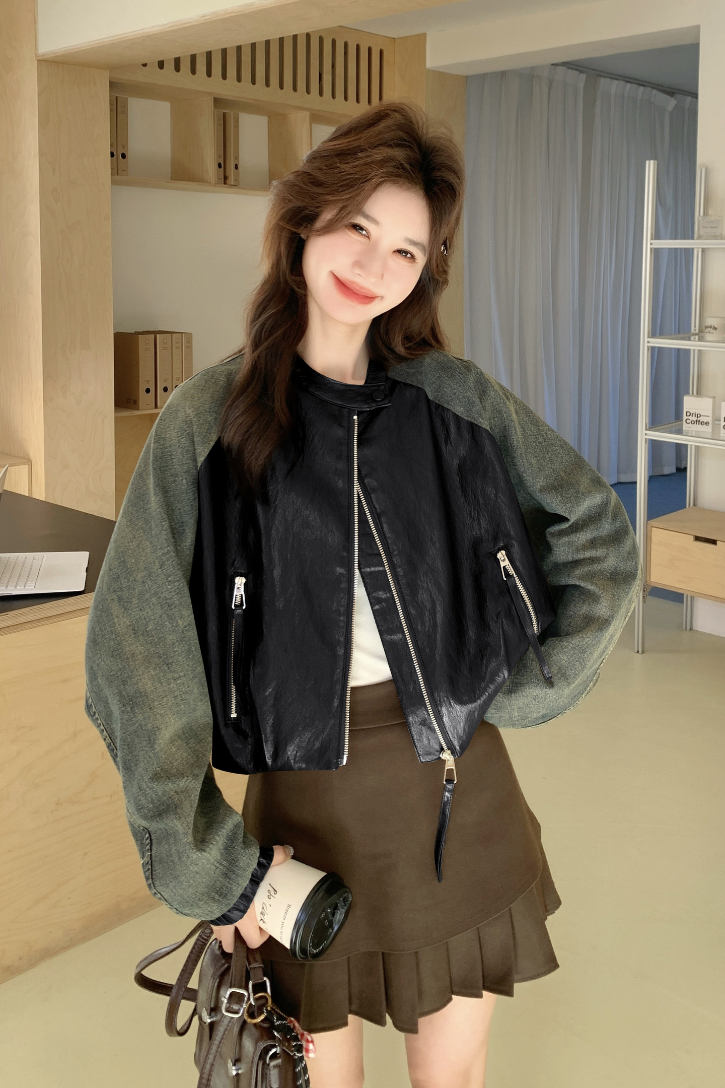 2026新款现货韩版牛仔拼接宽松皮衣外套1535212P170K278,女装皮衣,艾青服饰