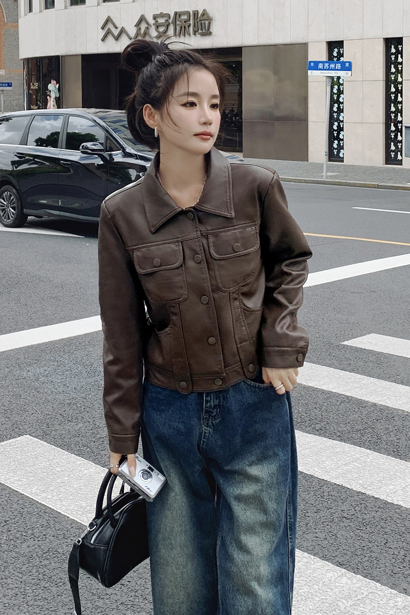 现货春秋pu夹克机车风皮衣外套1539832P130控188,女装皮衣,艾青服饰