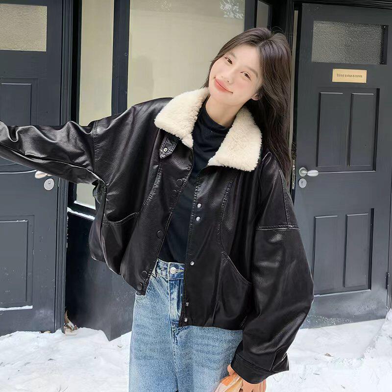 现货加绒秋冬新款宽松皮衣外套6651加绒加毛领175K278,女装皮衣,艾青服饰