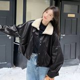 现货加绒秋冬新款宽松皮衣外套6651加绒加毛领175K278，女装皮衣，艾青服饰
